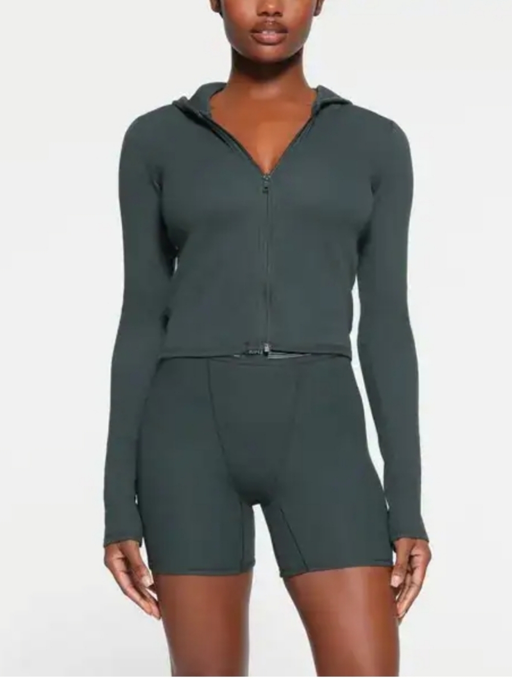 SKIMS Ribbed Zip Hoodie in Deep Green